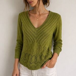 Madison Studio Olive Green Pointelle Knit Sweater V Neck Cottagecore‎ Medium